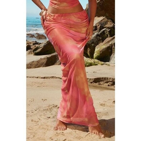 PrettyLittleThing Dresses & Skirts - Pink Mesh Ruched Bodycon Maxi Beach Skirt Size 6 PrettyLittleThing